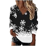 Christmas Sparkly Snowflake Print Tops,Women V Neck Long Sleeve Tshirts Casual Plus Size New Year Party Sweatshirt