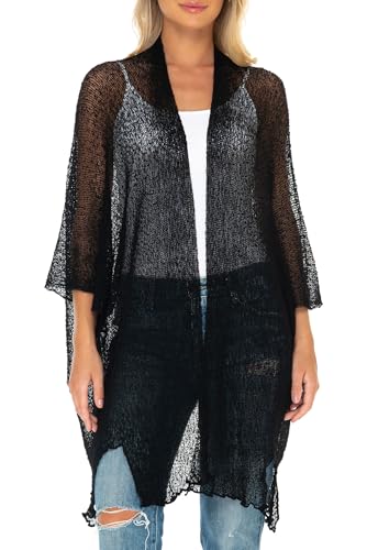 SHU-SHI Womens Long Sheer Kimono Cardigan Open Front Knit Beach Cover Up Black