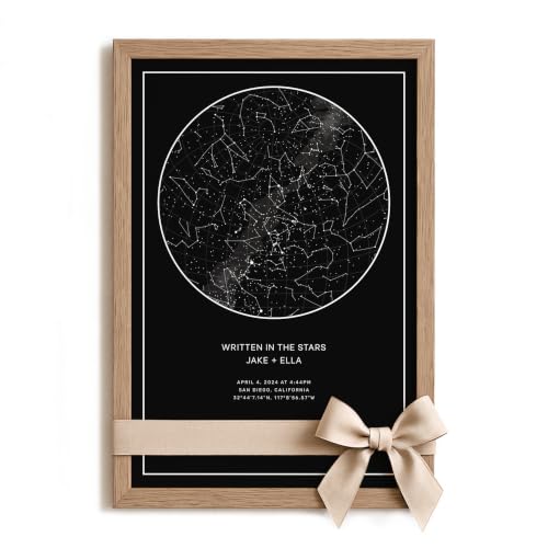 CELESTORY Custom Star Map Celestial Night Sky Print Framed Paper Anniversary Custom Gift Constellation Map Star Chart Canvas Personalized Star Map for Specific Date Written in the Stars - Pitch Black