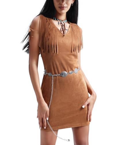 J.Corrine Damen Boho Wildleder-Minikleid mit Fransen V-Ausschnitt Herbst Winter Ärmellos Kleid Tankkleid Weste Cowgirl Hippie Party Cowboy Cosplay Outfits Kostüm