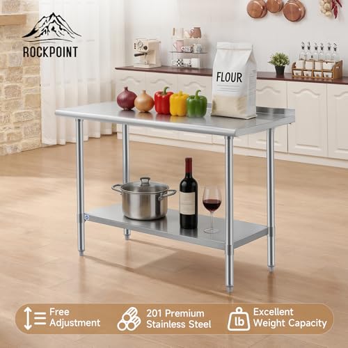 Image of ROCKPOINT All Stainless Steel Perp Table with Backsplash 24x48 Inch, Commercial Heavy Duty Table with Stainless Legs & Adjustable Undershelf, 830 lb Capacity for Restaurant,Home and Outdoor Kitchens