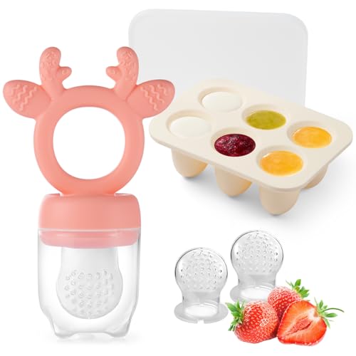 Image of Powerwan Baby Fruit Food Feeder with Breastmilk Popsicle Molds,Teething Toys Silicone Teethers for Babies 3-12 Months for Baby Feeding Gift