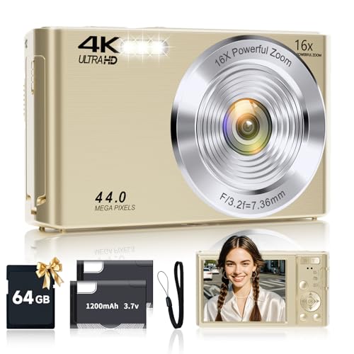 Image of Digital Camera, 2026 FHD 4K Autofocus Digital Camera with 64GB SD Card 16X Digital Zoom, Gold Cameras for Photography Portable Compact Point and Shoot Camera for Teens Adult Kids Gift