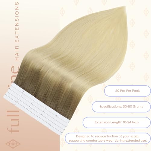 Image of Full Shine Hair Extensions Tape in, Brown Root Blonde 14 Inch | 50g 20PCS, Seamless Skin Weft Human Hair Tape in Extensions, Remy Double Sided Design Soft Texture Natural Blend