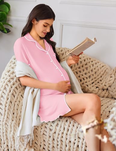 Image of Ekouaer Nightgowns for Women Button Down Sleep Shirt Short Sleeve NightShirts Boyfriend Sleepdress Soft Pajama Dress
