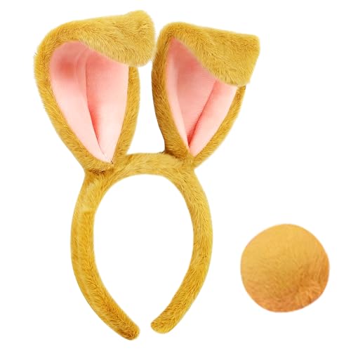 MSUNXIKGY Easter Bunny Ears Headband Fluffy Tail Set Brown bunny Ears and Tail for Easter Party, Costume Accessory