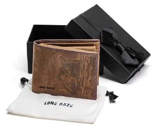 Men’s Genuine Leather Bifold Wallet – RFID Blocking, Wolf-Embossed – 8 Card Slots, ID Window, Coin Pocket – Gift Box & Branded Pouch2