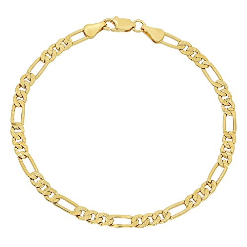 Image of The Bling Factory 4mm Diamond-Cut 14k Yellow Gold Plated Flat Figaro Chain Bracelet, 8 inches