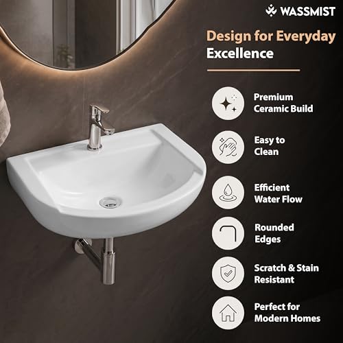 Image of WASSMIST Wash Basin | Wall Hung Wash Basin for Bathroom with 10 Year Glaze Warranty | Premium Ceramic Semi Round Basin with Tap Hole (18.5 X 14.4 X 7 Inch)