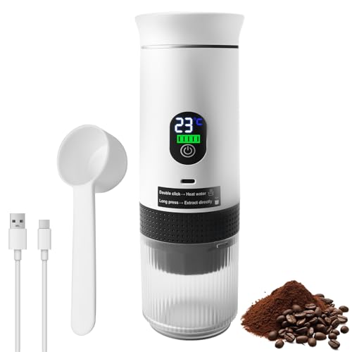 Tragbare Espressomaschine, 3-in-1 Akku Kaffeemaschine Akku-20Bar-80ml-Digitalanzeige Camping Kaffeemaschine für gemahlenen Kaffee NS-Kapseln, Auto Reisekaffeemaschine, Schnelles Selbsterhitzung Weiß