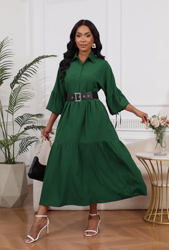 Image of Women's Long Sleeve Maxi Shirt Dress Elegant Button Down Loose Swing Party Dress