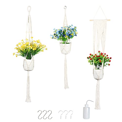Nvzi Makramee-Pflanzenaufhänger-Set, hängender Pflanzgefäß, Ständer für Zimmerpflanzen, künstliche Hängepflanzen, Bohemian-Dekoration, adrette Raumdekoration, elfenbeinfarben (3 Stück) Cover