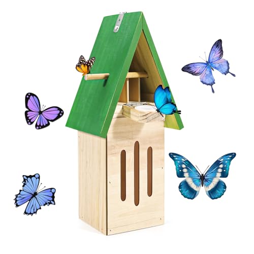 Butterfly House, Natural Butterfly Feeder, Butterfly Feeders for Outdoors, Wooden Butterfly Habitat, Butterfly Garden Kit on The Floor or Hanging on Tree Wall (Green)