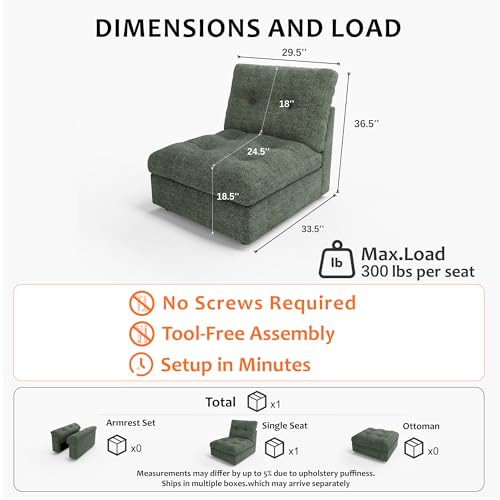 Image of Oversized Modular Sectional Sofa with Storage, Modern Deep Seat Cloud Couch for Living Room, L-Shaped Large Sectional Couch, Only Single Seat, Green