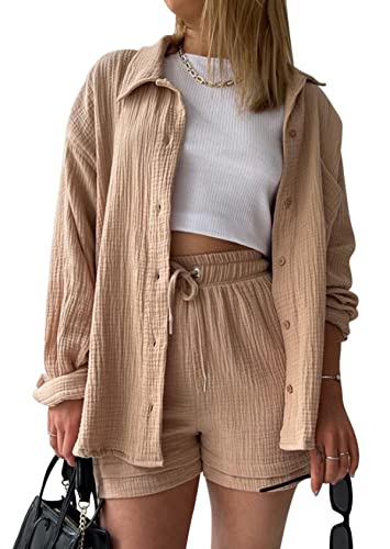 KOOSUFA Damen Zweiteiler Sommer Langarm Hemd Hemdshirt Bluse Kurze Hose Set...