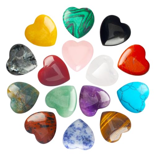 Fesxty 15Pcs Natural Healing Crystals Stones Heart Love Set Bulk Amethyst Rose Quartz Carnelian Tiger Eye