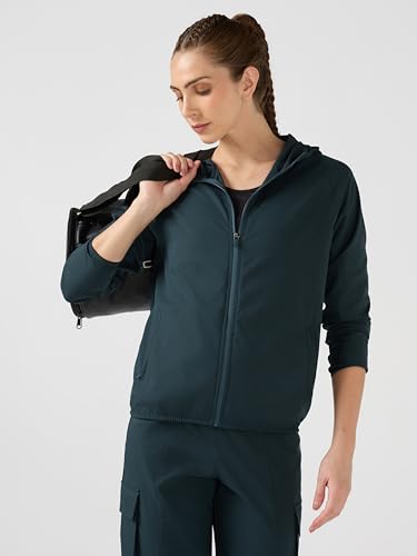Image of TECHNOSPORT Women's Solid Slim Fit Hooded Jacket with TECHNOWARM+ | Full Zip Polyester Winter Jacket for Sports, Gym, Travel & Casual Wear | Long Sleeve Hooded Activewear with Moisture-Wicking Fabric