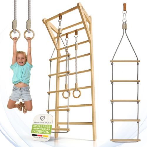 Juskys Sprossenwand für Kinder - mit Klimmzugstange, Indoor Klettergerüst mit Turnringen und Strickleiter, Kletterwand fürs Kinderzimmer, Turnstange