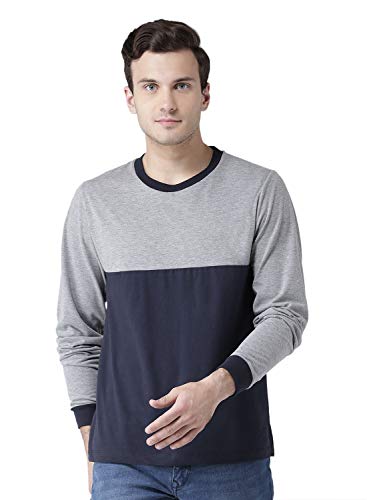 Image of Kalt Men's Dual Colour Full Sleeves Round Neck Cotton Blend T-Shirt(Light Grey Melange::Navy)