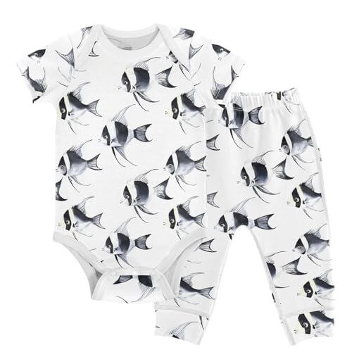 vvfelixl Baby Layette Sets Clothes,Black and White Angelfish Baby Bodysuits Set,Unisex Babys Pants Sets Short Sleeve 12-18M