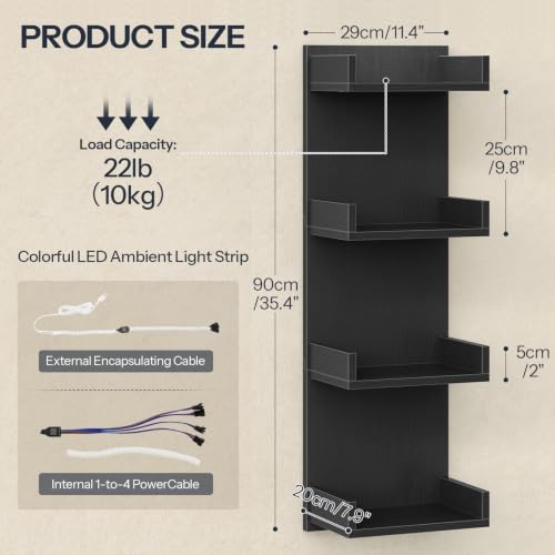Image of HOOBRO Floating Wall Shelves with LED Lights, Floating Shelf Wall Mounted for Storage, Vertical Display Stand, Modern Column Rack, for Bedroom, Livingroom, 4-Tier, 35.4 Inches, Black, BK41DBJ01