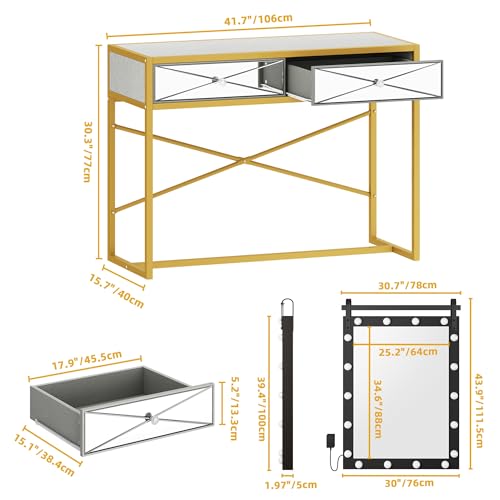 DWVO Makeup Vanity Desk with Large Mirror and Lights, Makeup Vanity with 2 Drawers, Dresser Table, Makeup Vanity with Led Lighted Mirror in 3 Colors, for Bedroom