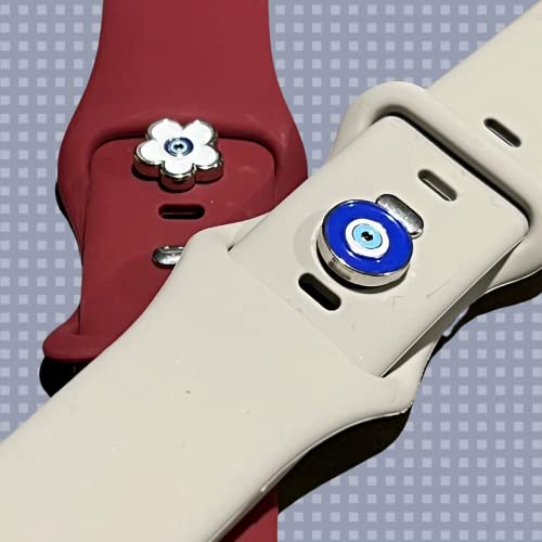 Watch Band Metal Charms Evil Eye And Flower For Smart-Watch Silicon Straps. Set Of 2 Pop In Some Bling For Your Wearable Devices. Universal Spiritual Symbols Of Protection. ( Blue White) #TOP5