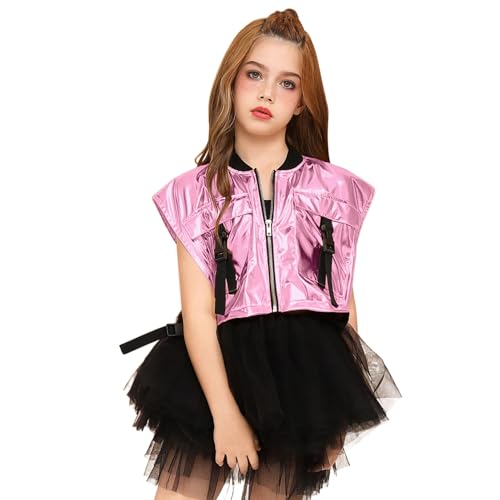 Image of Perfashion Girls Vest Cropped Cargo Metallic Jacket Buckle Zip Up With Pockets Streetwear Outfit 4-13Y