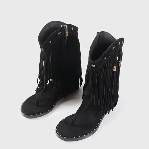 Image of Women's Bohemian Tassel Gladiator Sandals Brown Suede Thong Flip Flops for Fringe Summer Wedge Heel Sandal with Rivets Western Shoes