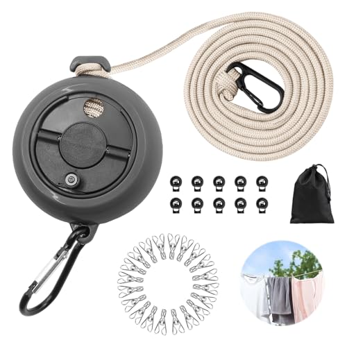 Vlecexs Cuerda Tendedero Exterior Retractil, 10m Tendedero de Viaje Adjustable, Tendedera Retractil con 10 Cierres y 20 Clips Cortavientos para Interior Exterior Camping Jardín Hotel Viajes Accesorios