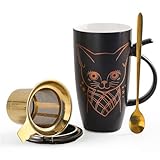 DELARLOCHEF Tea Mug With Infuser And Lid - 20oz Microwave & Dishwasher Safe Ceramic Mug, Cat Lover Gift with Leak-Proof Lid, 304 Stainless Steel Strainer & Spoon, Graduation Gifts, Golden Black Cat