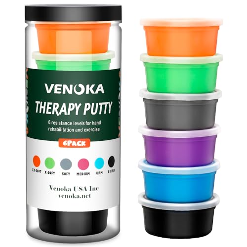 Venoka Masilla terapéutica para niños y adultos, kit de terapia resistente para terapia de manos, masilla de ejercicio para aliviar el estrés, juego de 6 fortalezas, 3 onzas por masilla