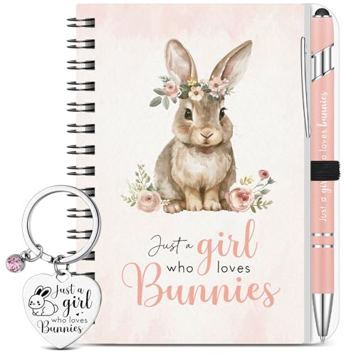 Sinmoe 3 Pcs Rabbit Lovers Gifts for Women Just a Girl Who Loves Notebook Funny Keyring and Ballpoint Pens Animal Lover Gift for Birthday Christmas Party Supplies