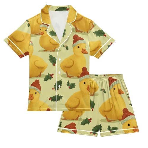 Satin Pajama Sets Short Sleeve Christmas Ducks with Holly Leaves Button Down Silky Nightwear 2 Piece PJS 5-14Y