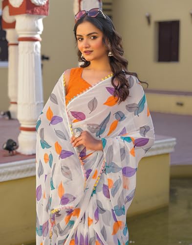 Image of SIRIL Women's Chiffon Printed Saree with Unstitched Blouse Piece