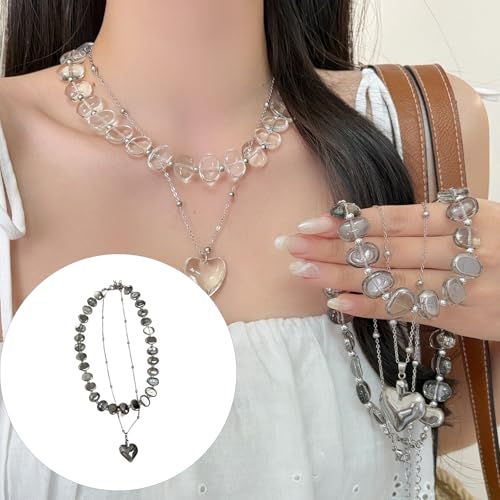 Collar de corazón irregular estilo francés con doble cadena ajustable de cuentas 2