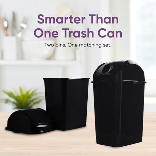 Image of Superio Mini 1.25 Gallon and Small 2.5 Gallon Plastic Trash Cans with Swing Top Lid, Grey Waste Bin for Countertop, Desk, Vanity, Bathroom, 2 Pack (Black)