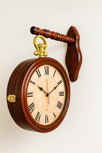 Image of Jefferson & Smith Vintage Double-Sided Wall Clock - Antique Victorian Hanging Clock with Bracket, Silent Quartz Movement, Roman Numerals, Rustic Farmhouse Decor for Home & Office (Light Brown)