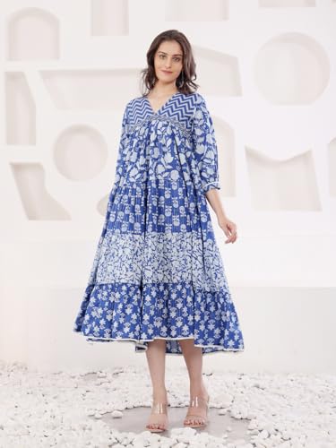 Image of SAVI Blue Cotton Lurex A Line Detailed Dress