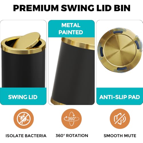 Image of 2.3 Gal /2.6 Gal Metal Shake Lid Trash Can, Double Bucket for Bathroom, Living Room, Kitchen, Office (Black Wood-Grain lid - 15L)