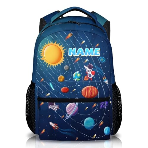 PAKKITOP Custom Kids School Backpack for Preschool - Cute Solar System Planet Bookbag for Boys - Personalized 17" Large Capacity Galaxy Blue Lightweight Schoolbag for Children
