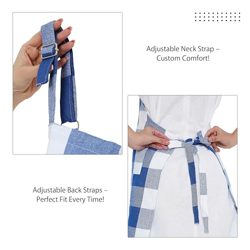 Image of Encasa XO Cotton Cooking kitchen Apron for Women and Men chef apron With adjustable neckstrap, Pocket & Towel Holder for Easy cooking, Baking, BBQ, Gardening- Buffalo Blue Checks, 68x85 cm