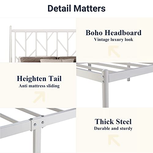 Allewie Queen Size Platform Bed Frame With Vintage Headboard, 14 Inches Metal Mattress Foundation For Storage, No Box Spring Needed, Easy Assembly, Modern, White #TOP5