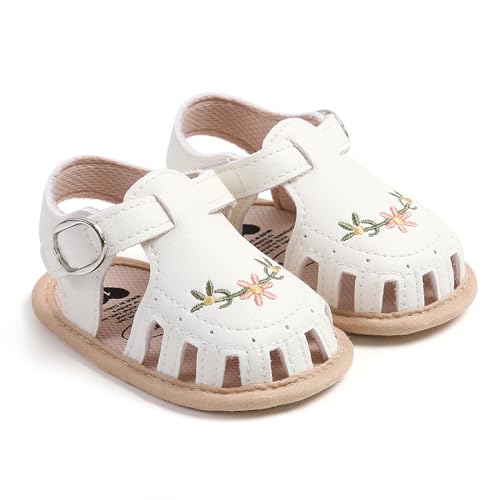 Caziffer Baby Girl Sandals PU Leather Non-slip Embroidery Flower Summer Flats Toddler Shoes for Casual Daily (White, 6-12 Months)