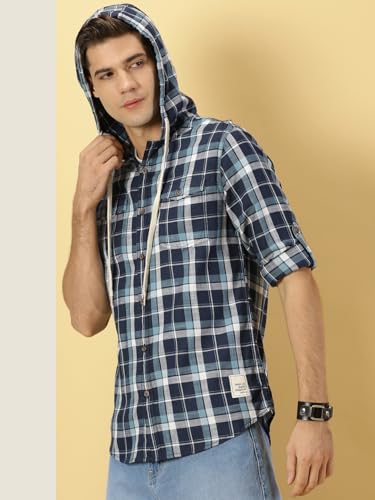 Image of Thomas Scott Men's | Checks | Full Sleeve | Regular Fit | 100% Cotton | Hooded | Casual Shirt