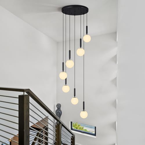 Image of 7-Lights Black Chandelier with Milk White Glass Hanging Fixture Light