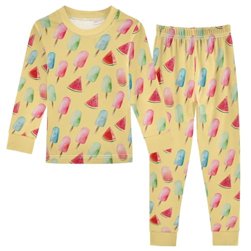Cartoon Pajamas Set Popsicle Watermelon Yellow Background Pattern Long Sleeve PJs Cotton Jammies Sleepwear Top and Pants