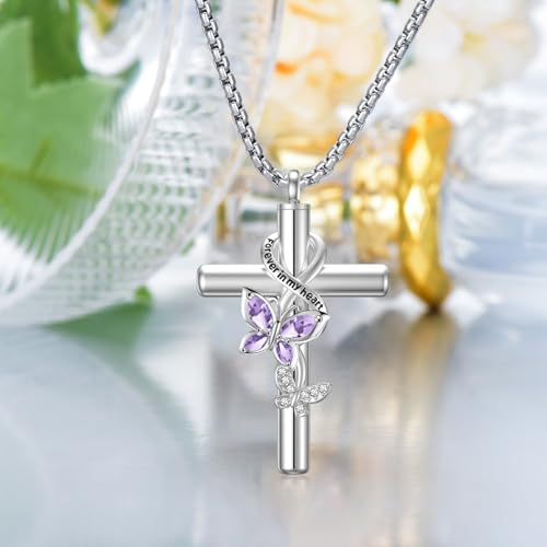 Birthstone Butterfly Cross Urn Necklaces for Ashes White Gold Plated Sterling Silver Cremation Keepsake Necklace w/Funnel Filler Memorial Pendant for Ashes for Human Women Pet4