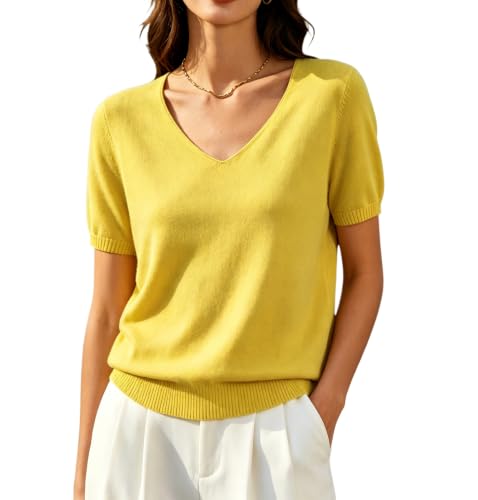 Image of DAIMIDY Women's Short Sleeve Sweater V Neck Summer Knit Tops