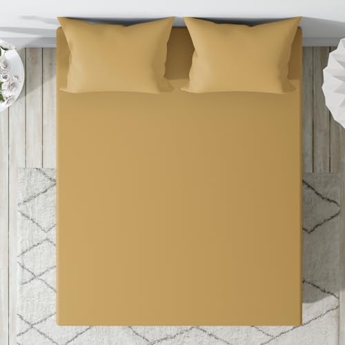 Image of Wakefit 100% Cotton 200 TC Solid Fitted Bedsheet with 2 Pillow Covers | Golden Yellow Diwan, 72 inch x 48 inch, Golden Yellow | 1.83m x 1.22m